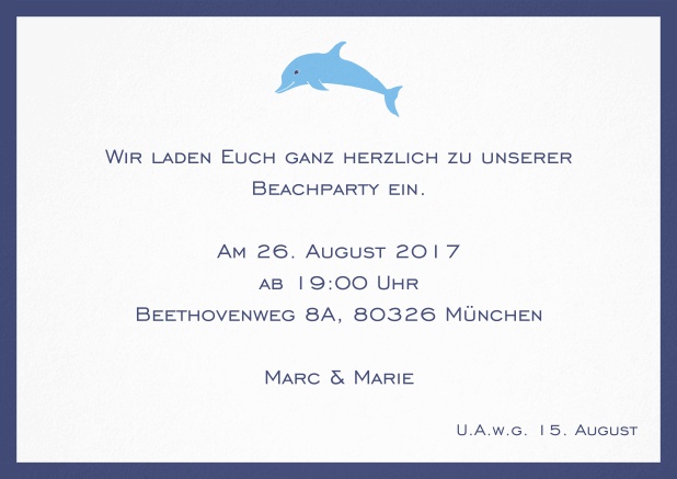 Einladungskarte mit Delfin und passendem Rahmen.