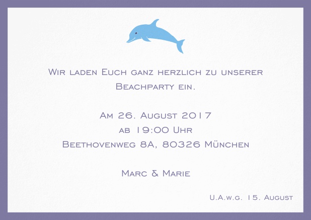 Einladungskarte mit Delfin und passendem Rahmen. Lila.