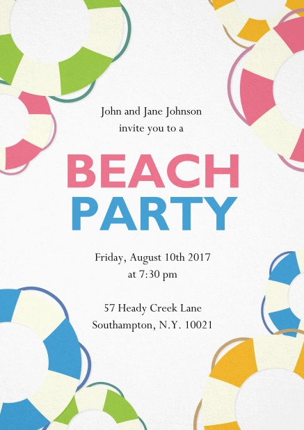 Beach Party invitation card with colorful beach balls