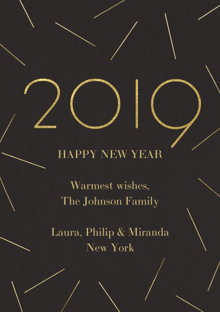 Dark Online card for Happy New Year with golden 2019.