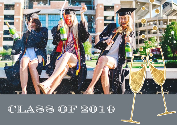 Class of 2019 graduation online invitation card with photo and champagne glasses. Grey.