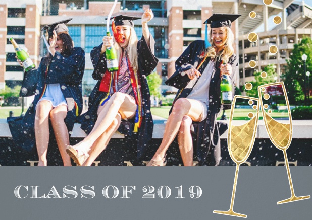 Class of 2019 graduation invitation card with photo and champagne glasses. Grey.