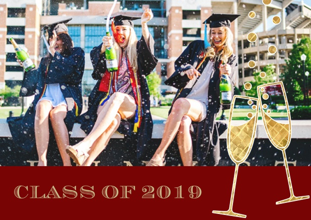 Class of 2019 graduation online invitation card with photo and champagne glasses.
