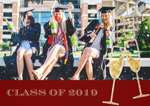 Class of 2019 graduation invitation card with photo and champagne glasses. Red.