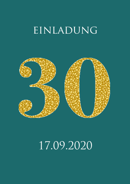 Online Einladungskarte zum 30. Jahrestag mit animierten goldenen Mosaiksteinen. Grün.