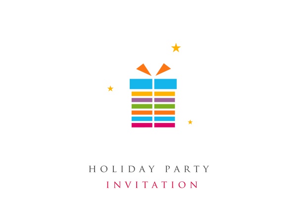 Online White Christmas Party invitation card with colorful present and golden stars.