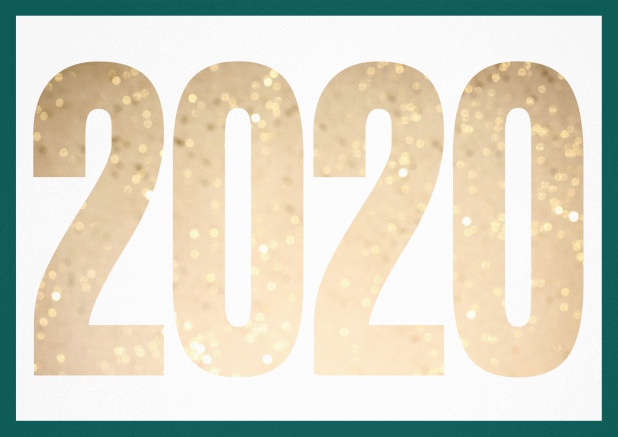 Happy New Year greeting card with cut out 2020 with golden glitter image or own photo. Green.
