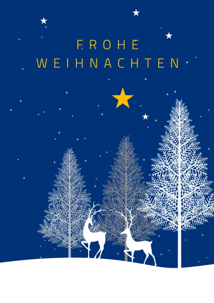 Online Blaue Weihnachtskarte mit weißer Schneelandschaft und zwei Hirschen.