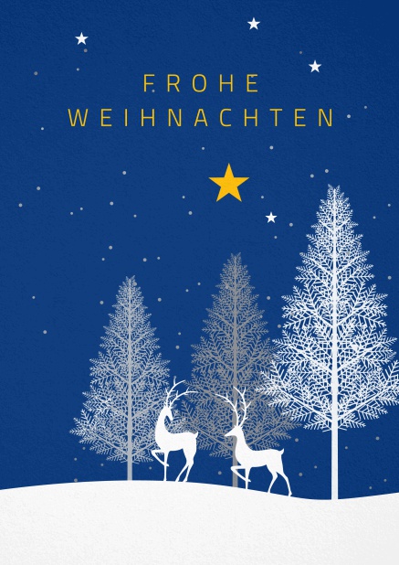 Blaue Weihnachtskarte mit weißer Schneelandschaft und zwei Hirschen.