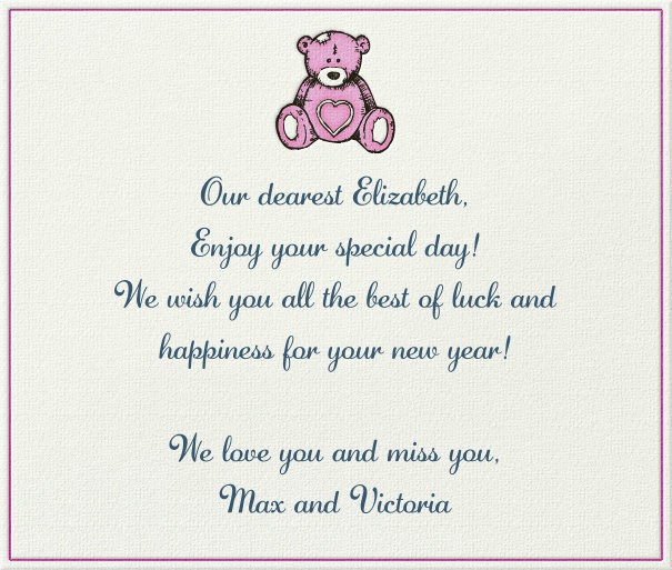 White Children's Card with Pink Bear.