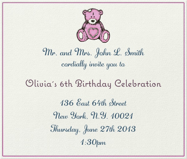 Geburtstagseinladungskarte mit pinkem Teddy Bär und Herz und pinkem Rand.