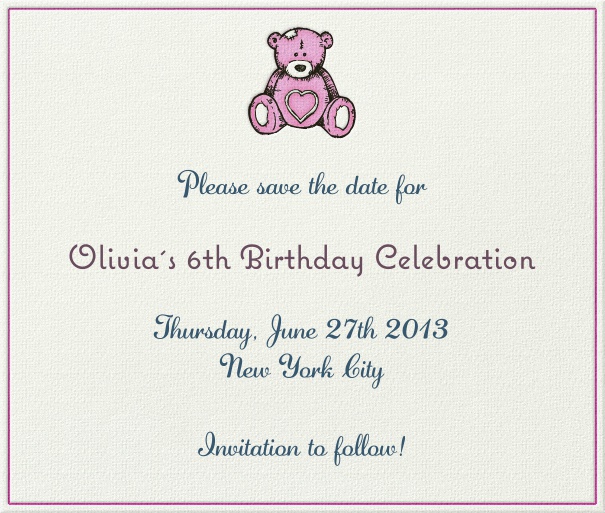 White Kids' Birthday Party Save the Date Card with Pink Teddy Bear.