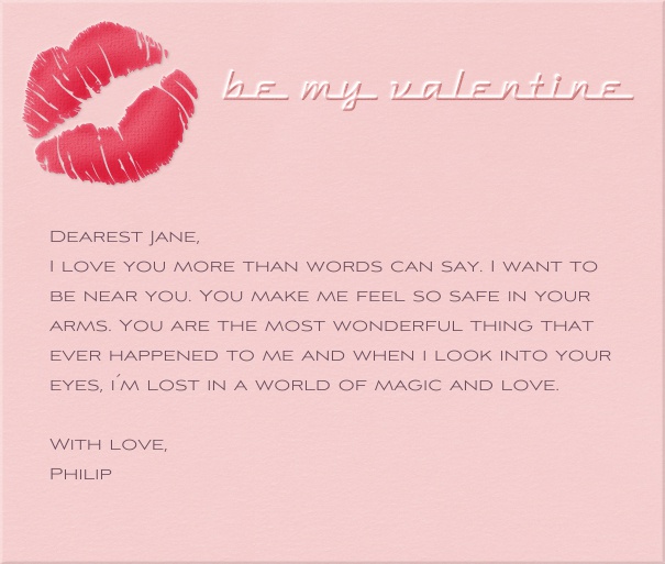 Pinke Online Liebesbrief mit rotem Kussmund und Schriftzug "Be my Valentine".
