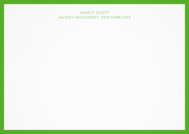 White correspondence card with blue frame and text. Green.