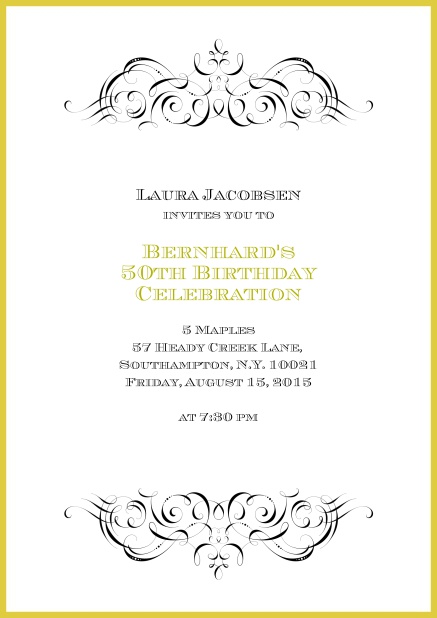 Online invitation with ornament on top and bottom for 50th birthday.