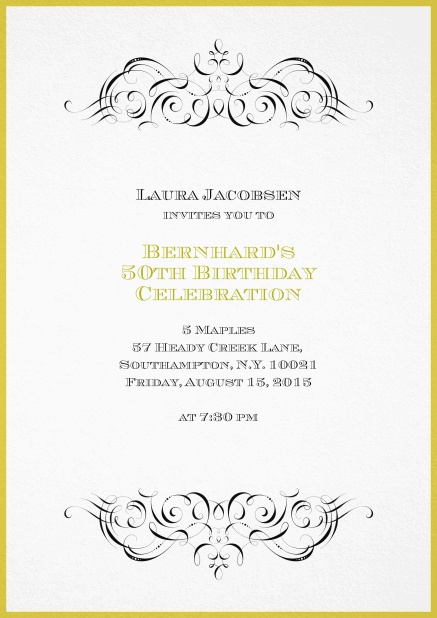 Invitation with ornament on top and bottom for 50th birthday.