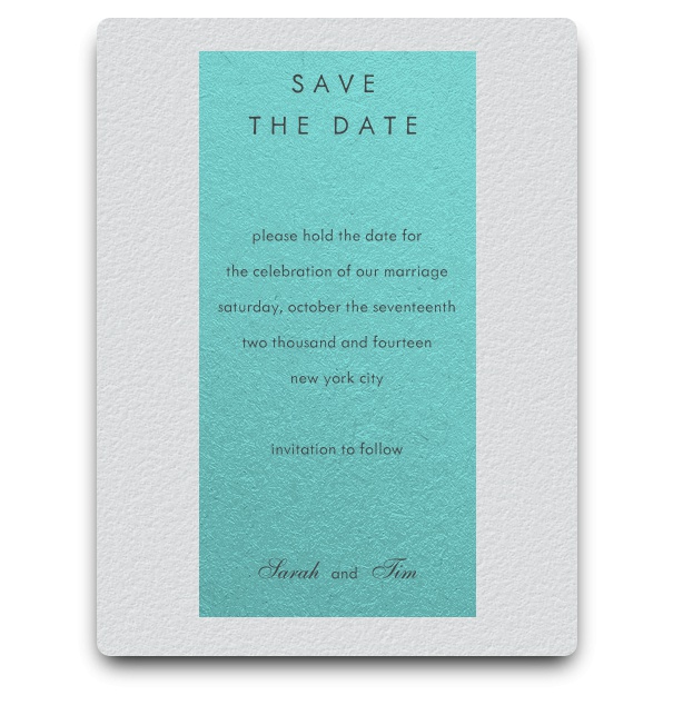 White Save the Date card with turquoise text space to fill with the info.