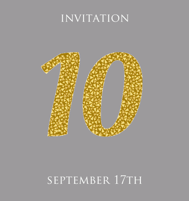 10th Anniversary online invitation card with animated number 10 in Italic letters and golden mosaic stones Grey.