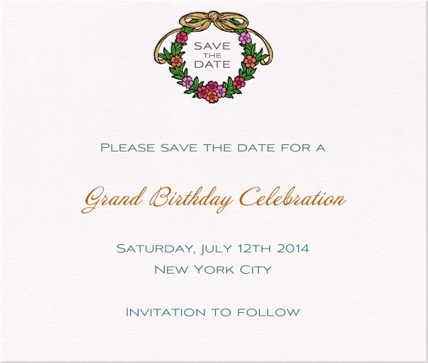 White Classic Party Save the Date Card with Wreath.