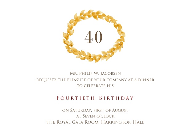 Online invitation with golden wreath on top for 40th birthday.