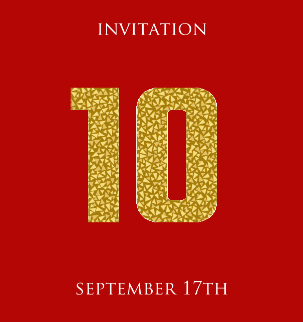 10th Anniversary online invitation card with animated number 10 in golden mosaic stones Red.