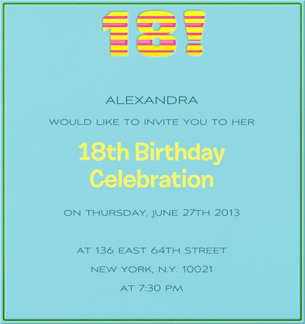 Blaue Geburtstagseinladungskarte in Hochkantformat mit großer Achtzehn.