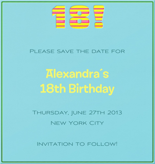 Rectangular Light Blue 18th Birthday Party Save the Date Card.