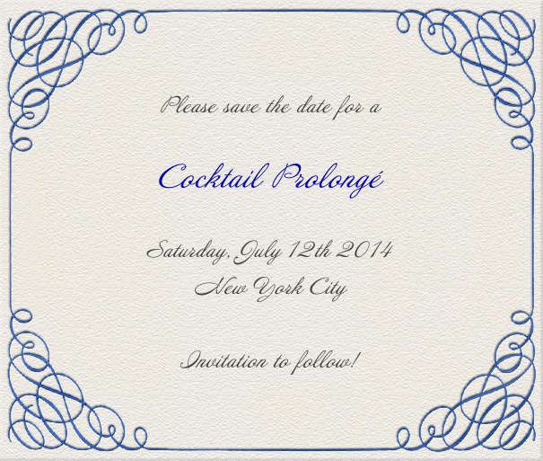 Wedding Save the Date Card with Calligraphic Blue Border.