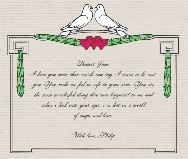 Online Liebesbrief gestaltet mit zwei weißen Tauben und Herzen.