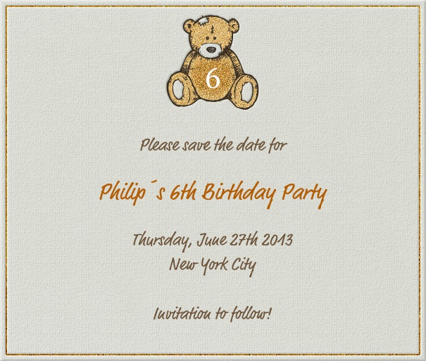 Square Beige Kid's Birthday Party Save the Date card with customizable theme and teddy bear.