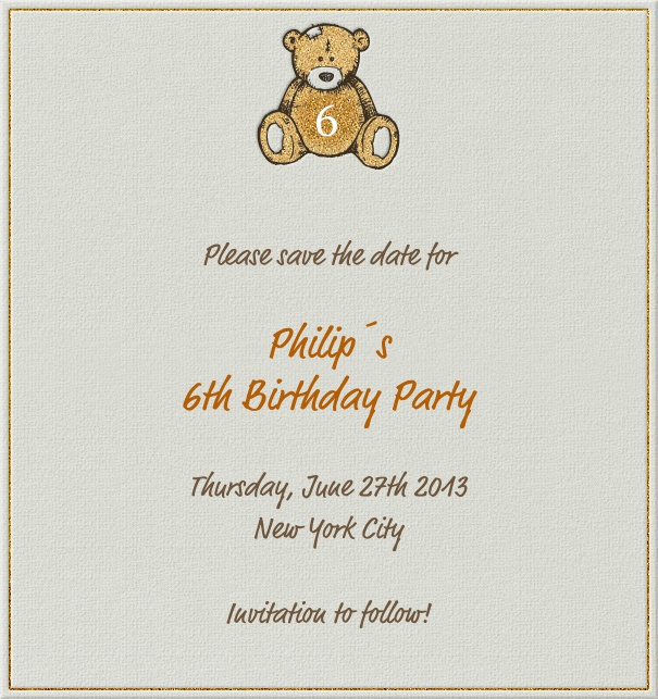Rectangular Beige Kid's Birthday Party Save the Date card with customizable theme and teddy bear.