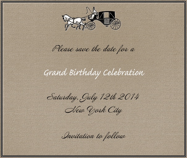 Brown Wedding Save the Date Card with Horse and Carriage Image.