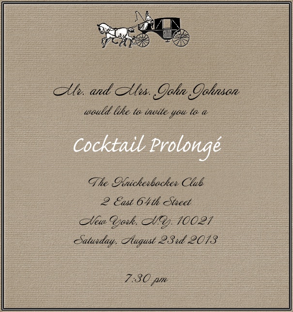Brown, classic Wedding or Cocktail Invitation Card with horse and Carriage.