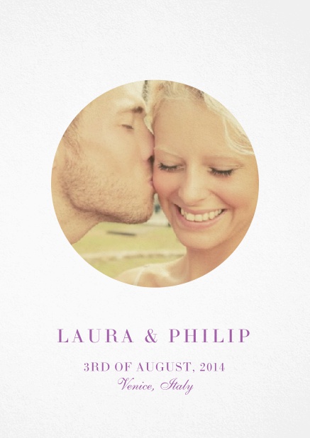 Wedding invitation card with oval photo box and text on the front page of a four paged design. Pink.