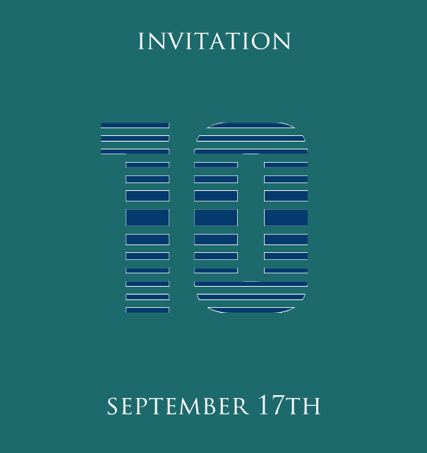 10th Anniversary online invitation card with animated number 10 in cool blue horizontal lines Green.