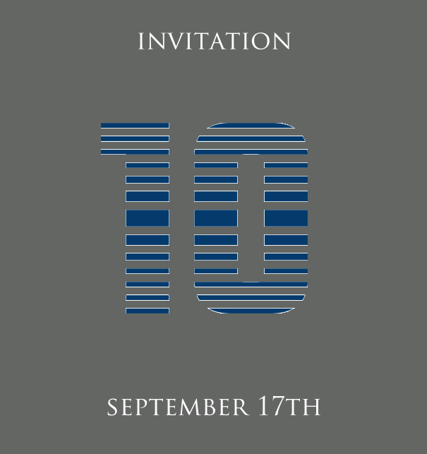 10th Anniversary online invitation card with animated number 10 in cool blue horizontal lines Grey.