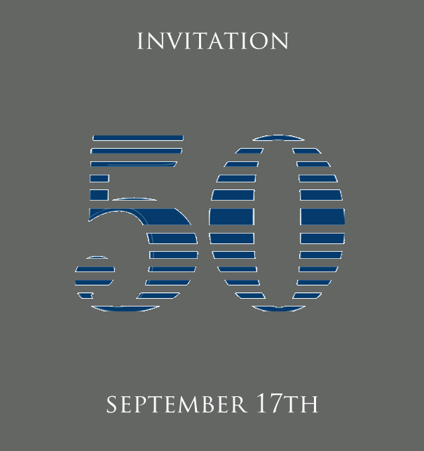 50th Anniversary online invitation card with animated number 50 in cool lines of blue. Grey.