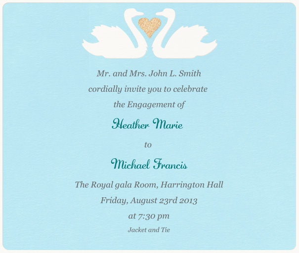 Minimal Light Blue Square Engagement Invitation Template with White Border and Kissing Swans.