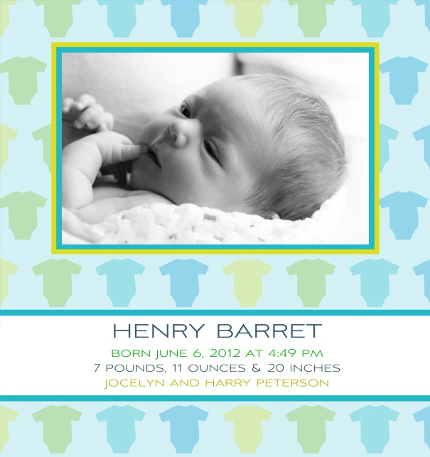 Foto Geburtsanzeige mit Babyjumber und Textfeld.