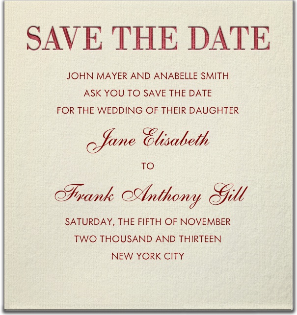 Beige classic Wedding Save the Date Card with Red Save the Date Header.