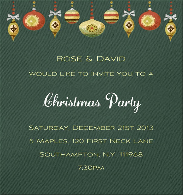 Green Christmas high format invitation card with Christmas decoration in top part of card. Including designed text in yellow and white to match the card.