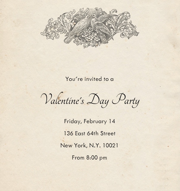 Online Valentins Einladungskarte in klassischer altmodischer Papieroptik mit künstlerischem Blumenmotiv und editierbarem Textfeld.