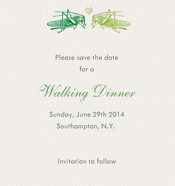 Spring-like Online Save the Date Card with green Grasshoppers.