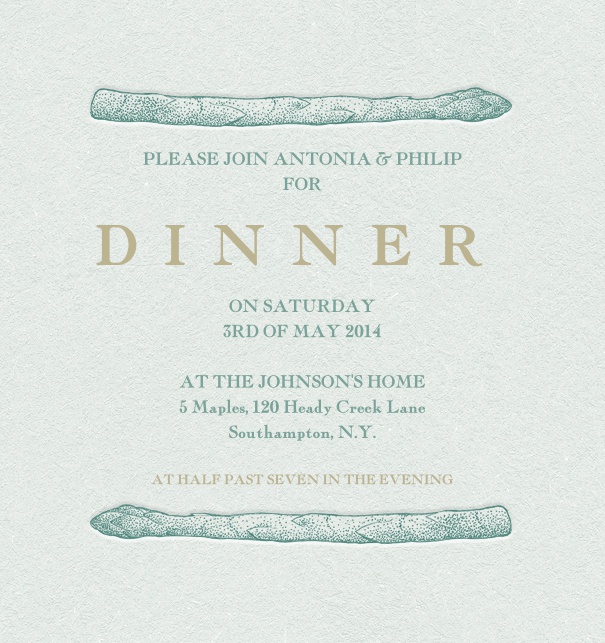 Green online invitation card for dinner event with asparagus and text box in the middle.
