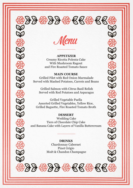 Menu card with 20ies red frame and red and black deco.