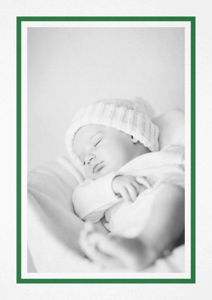 Birth announcement with photo box with pink frame and 2nd page for customizable text. Green.