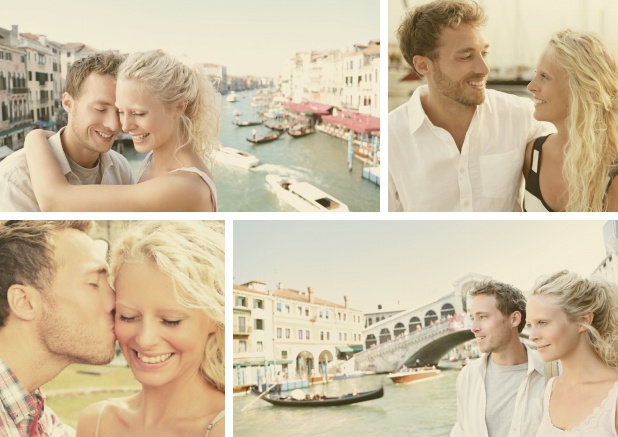 Online Hochzeitseinladungskarte mit neun Fotofeldern auf der ersten von vier gestalteten Seiten. Weiss.