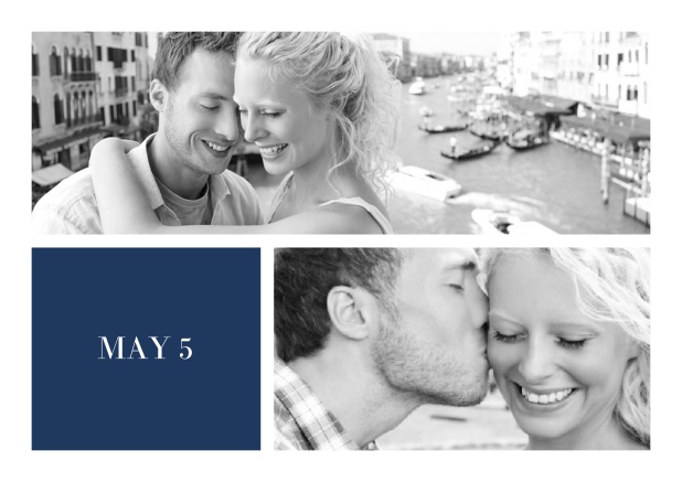 Online Wedding invitation card with two editable fotos and text on the front page of a four paged design. Navy.