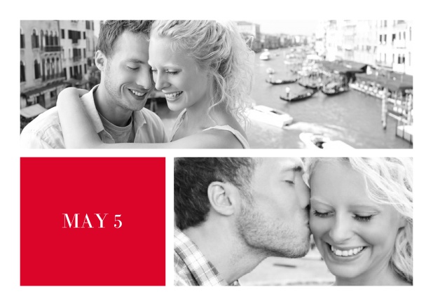 Online Wedding invitation card with two editable fotos and text on the front page of a four paged design. Red.