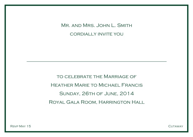 Online Classic wedding invitation card with thin single frame and classic font - available in different colors. Green.